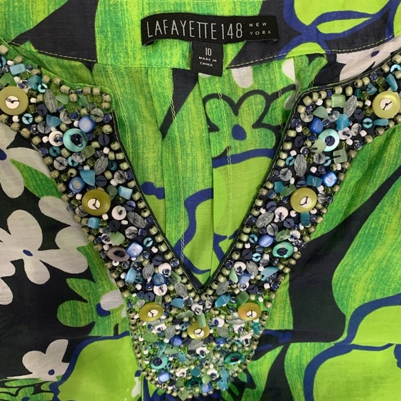 Lafayette 148 Green Mod Floral Print Beaded Tunic - Picture 4 of 15